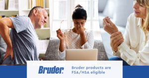 Two people with back and wrist pain who will use their FSA dollars on bruder products